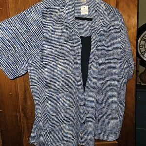 Notations 2 In 1 Top Blue Whote Print Blouse Button Up Short SLV SIZE 2X